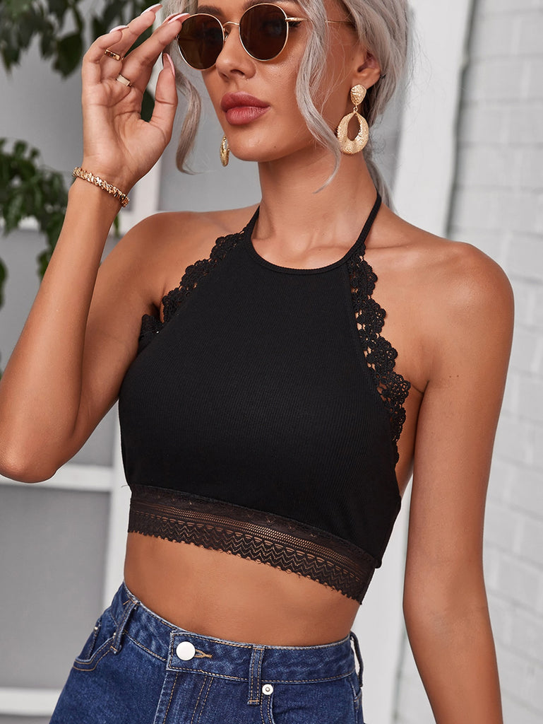 Guipure Lace Trim Self Tie Backless Halter Top