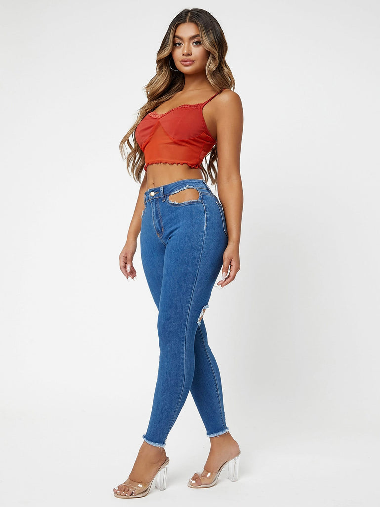 SXY Cut Out Raw Hem Skinny Jeans