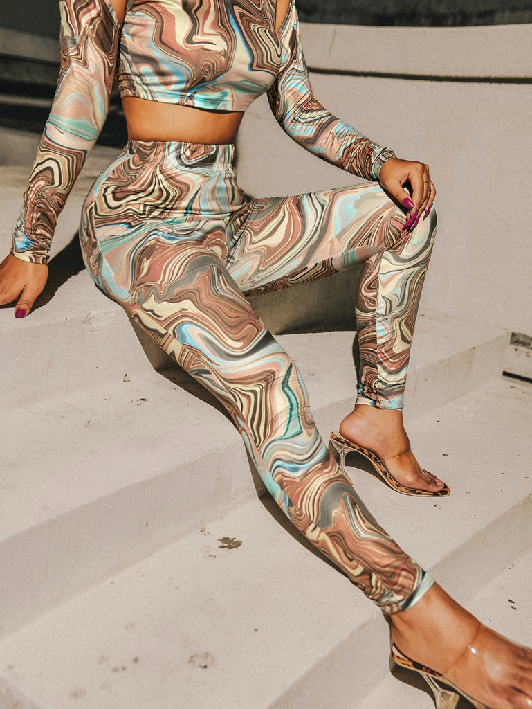 SXY High Waist Marble Print Skinny Pants