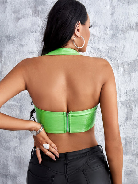 Solid Backless PU Leather Halter Top