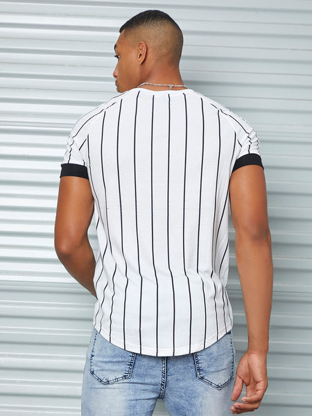 Men Striped And Letter Graphic Raglan Sleeve Curved Hem Tee