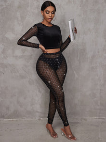 SXY Contrast Rhinestone Mesh Tee Leggings Without Panty