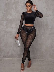 SXY Contrast Rhinestone Mesh Tee Leggings Without Panty