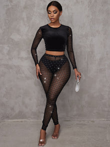 SXY Contrast Rhinestone Mesh Tee Leggings Without Panty