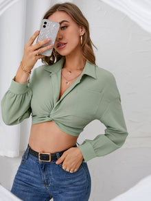 Patched Pocket Twist Front Crop Blouse