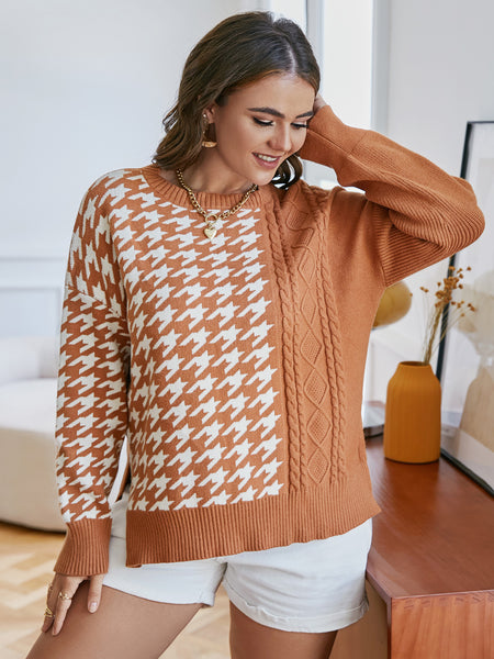 Plus Size Houndstooth Cable-Knit Side Slit Sweater