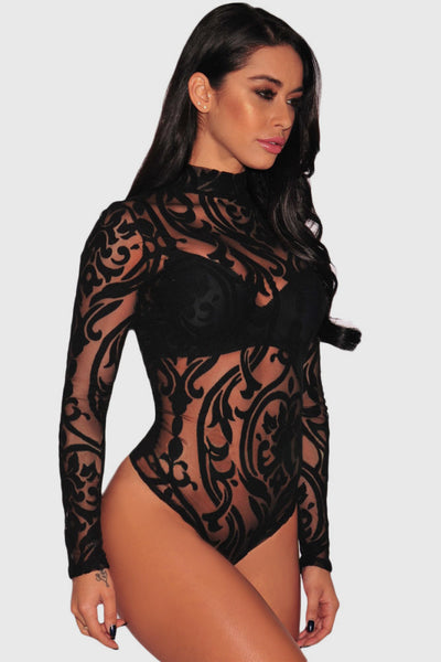 Sheer Mesh Print Long Sleeves Bodysuit