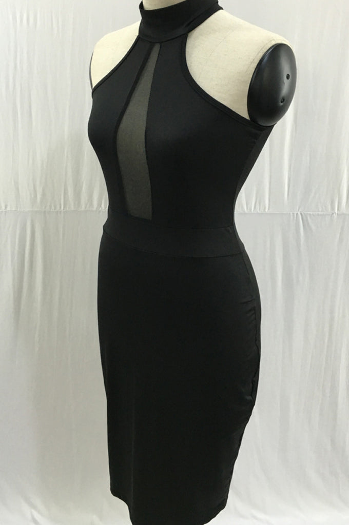 Mesh Front Halter Dress with Keyhole