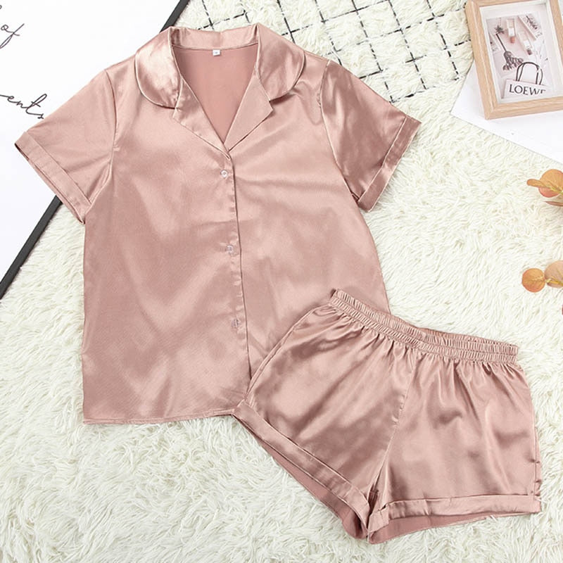 Women Sleepwear Summer Pajama Set Pink Turn Down Collar Faux Silk Satin Blue Short Sleeve Casual Female Pijama Home Wear Shorts