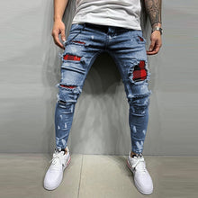 New Men's Quilted Embroidered jeans Skinny Jeans Ripped Grid Stretch Denim Pants MAN Patchwork Jogging Denim Trousers S-3XL