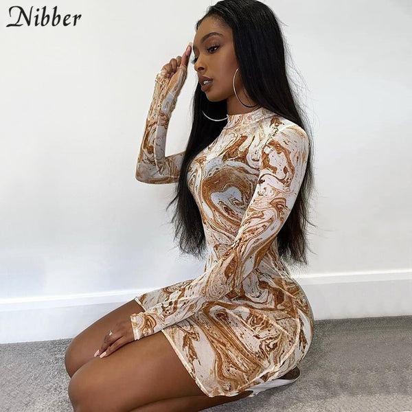 Nibber Retro tribal style printed graphic dress for women street casual wear summer long sleeve mesh bocycon mini dresses female