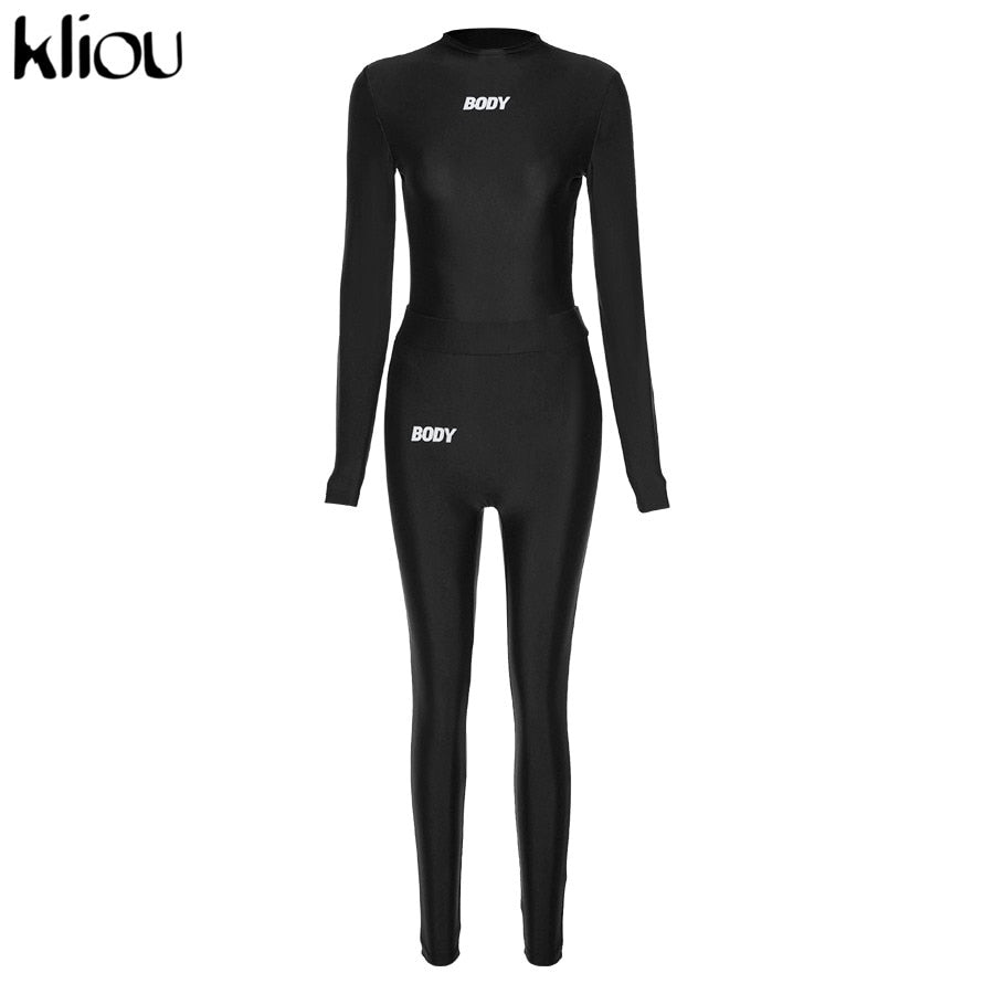 Kliou letter print fitness sporty long sleeve bodysuits+leggings stretchy two piece outfits activewear streetwear skinny outfit