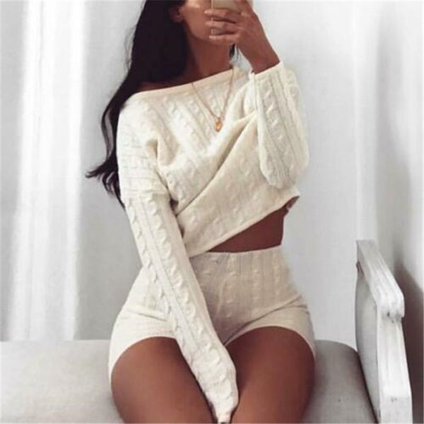 New Women Cable Knit Crop Top Lounge Wear Suit Ladies Co ord 2pcs Tracksuit Set lounge wear solid crop top shirts shorts pants