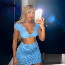 SRYBY Solid Two Piece Set Skirt V-neck Short Women Crop Top Bodycon Short Sleeve Partywear Clothes Summer New Female Beach Wear