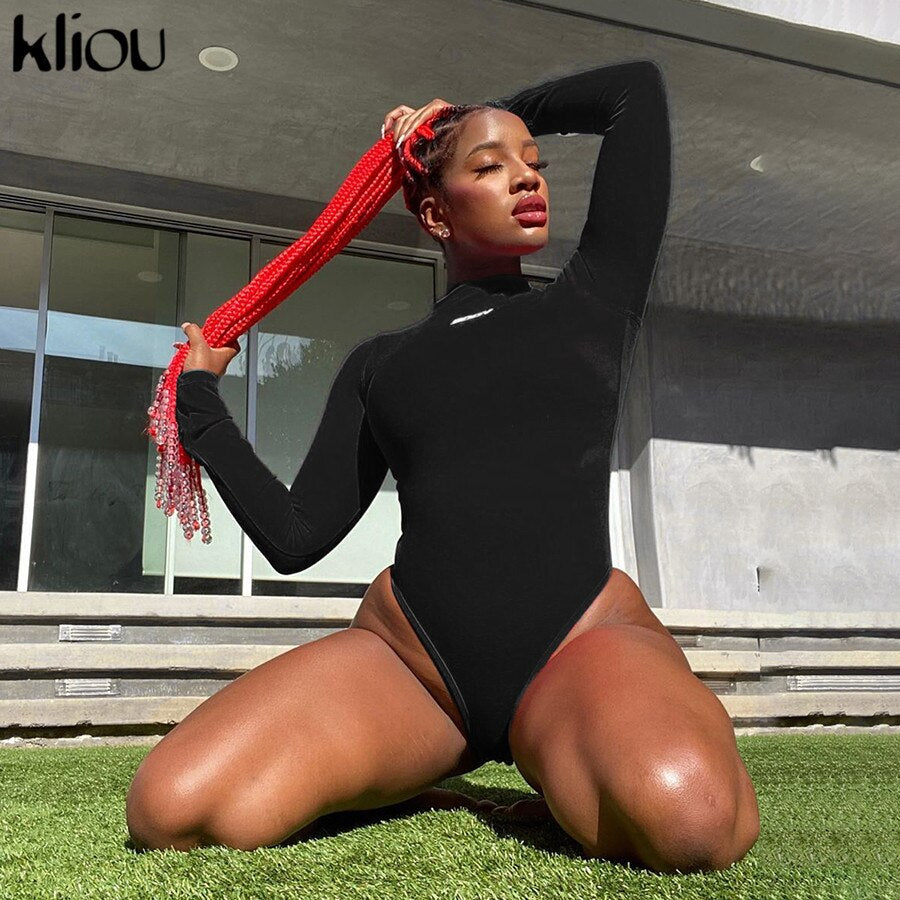 Kliou letter print fitness sporty long sleeve bodysuits+leggings stretchy two piece outfits activewear streetwear skinny outfit