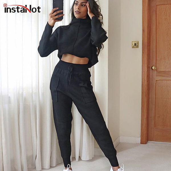 InstaHot Women Two Piece Tracksuit Set Turtleneck Crop Sweatshirt and Patchwork Sweatpant Homewear Leisure Solid Casual Outfit