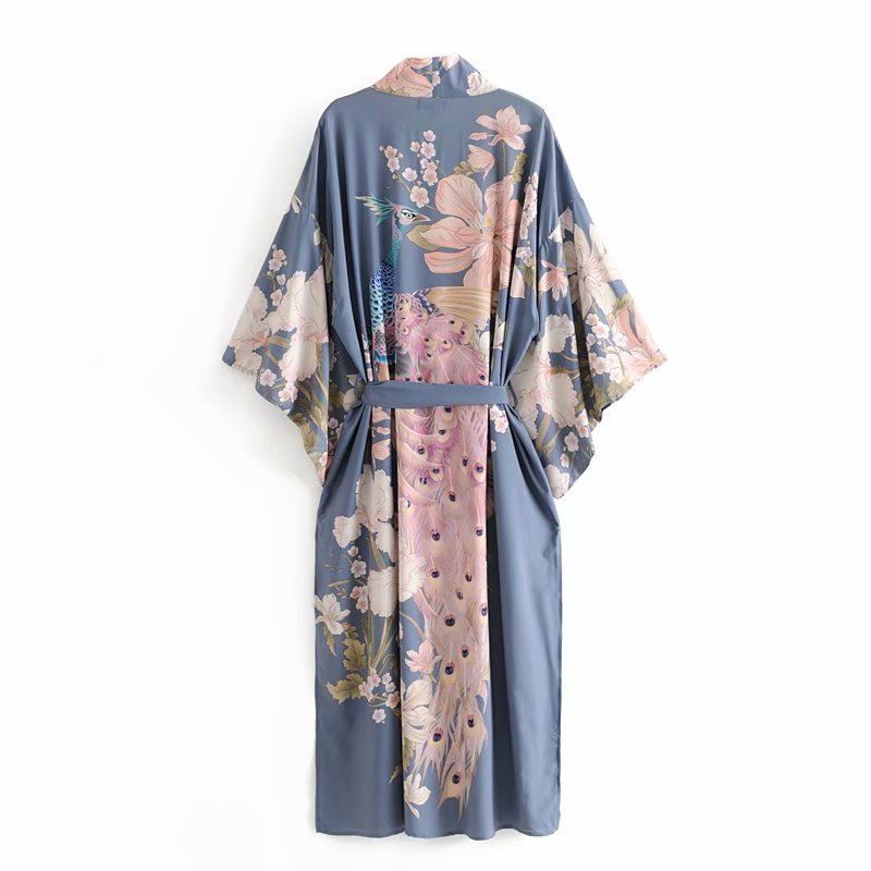 Boho Vintage Floral Print Sashes Women bohemian V Neck batwing Sleeves Ladies Blouses happie Maxi Kimono robe