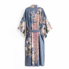 Boho Vintage Floral Print Sashes Women bohemian V Neck batwing Sleeves Ladies Blouses happie Maxi Kimono robe