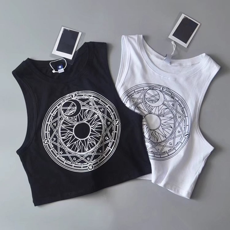 New Womens Tanks Loose Gothic Symbols Moon Sun Printing Crop Top Cropped Top Sleeveless Camis Tank Top