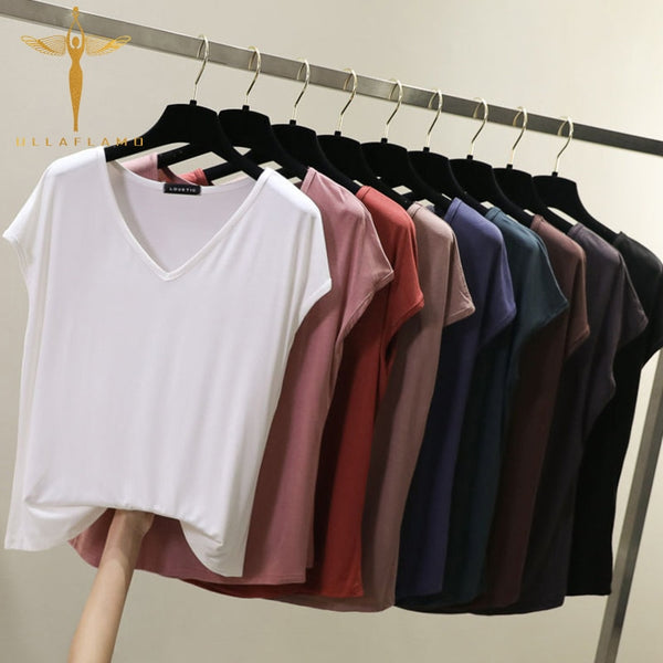 Harajuku Solid Color T-shirt Women Casual Loose V-neck Sleeveless Women Clothes Tops Fashion Casual Stitching Slim Women Tshirt