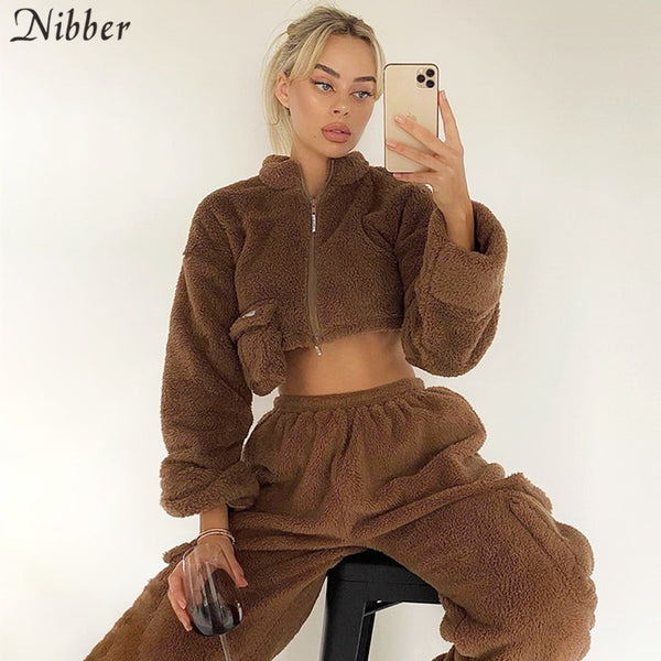 Nibber Flannel Zipper Corp Tops Coat Cargo Pants Sets Womens Autumn Winter Y2K Overalls Jacket Suits Sportswear Pullover Female