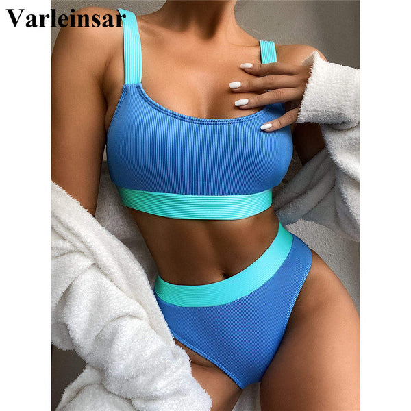 S- XL Sexy Ribbed Splicing Female Swimsuit High Waist Bikini Women Swimwear Two-pieces Bikini set Bather Bathing Suit Swim V2329