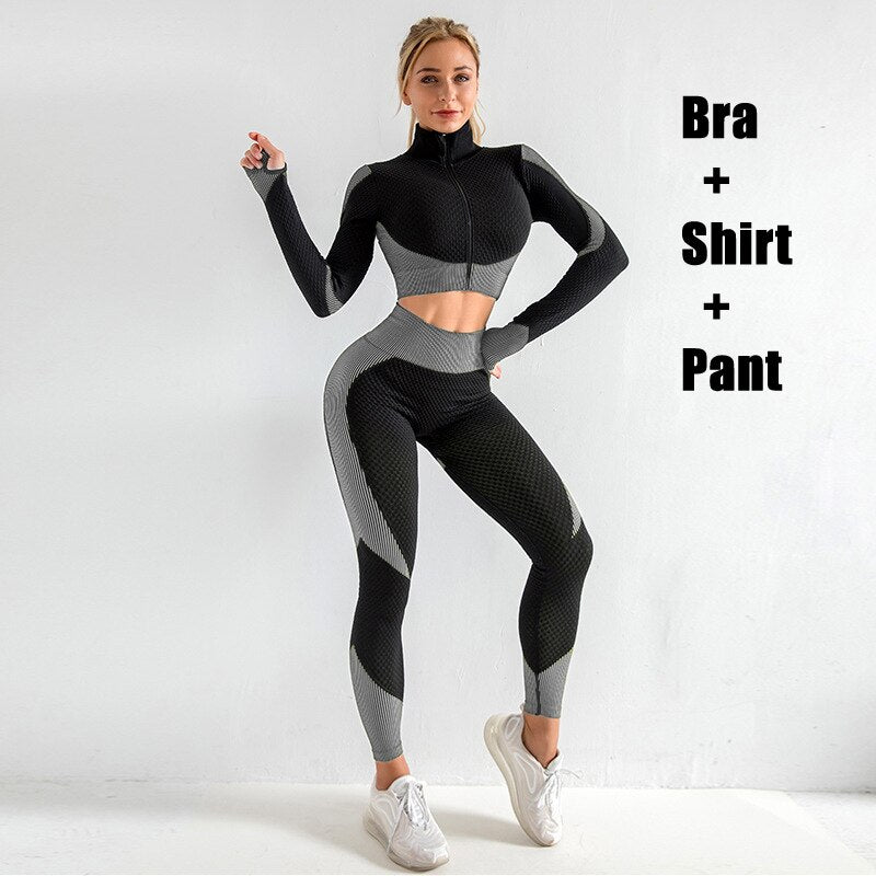 Womens Sportwear Yoga Set 2/3pcs Workout Clothes for Women Leggings Set with Zipper Exercise Bra Top Long Shirt Fitness Clothing