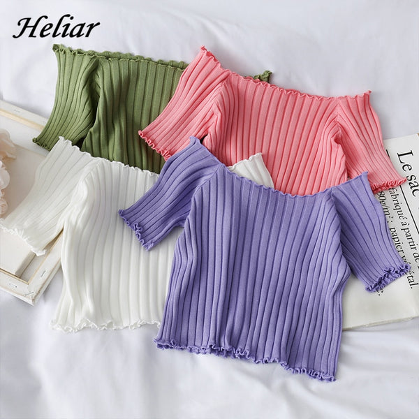 HELIAR Women T-shirts Off Shoulder Knitting Crop Tops Women Short Sleeve Stretchy Ruffles Hem T-shirts Stripes Tops For Women