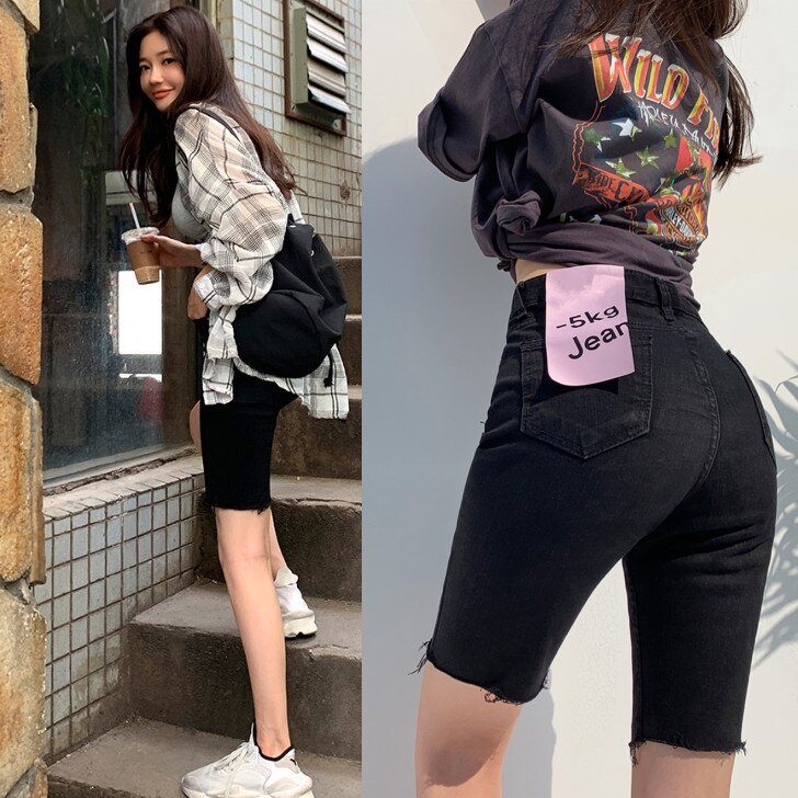 Women's jeans summer 2020 new black high waist slim jeans women's thin five-point shorts short jeans pants for women