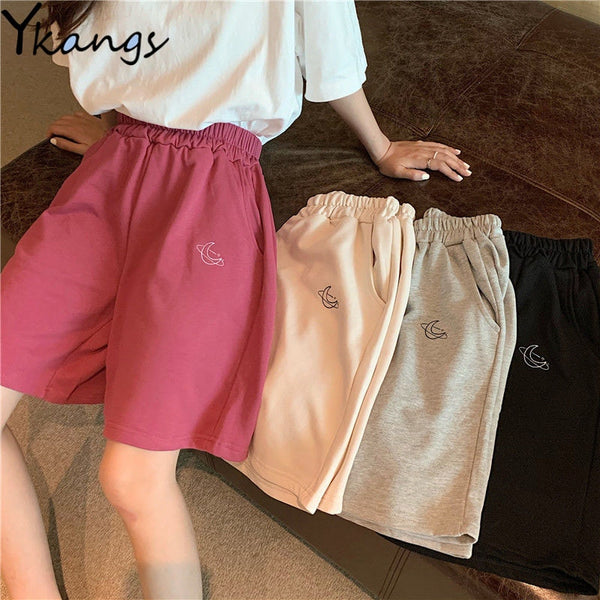 Harajuku Elastic High Waist Moon Embroidered Shorts Women Loose Sport Summer BF Casual Running Shorts Women Biker Baggy Short