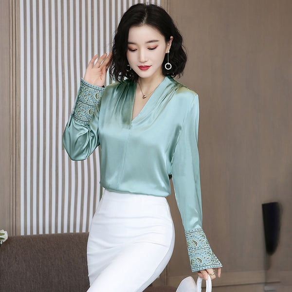 Korean Silk Women Shirts Women Satin Blouse Shirt Plus Size Elegant Woman Long Sleeve Embroidery Blouses Womens Tops and Blouses