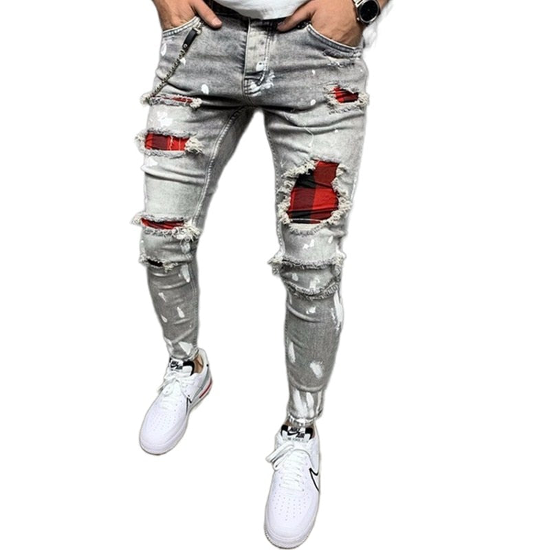 New Men's Quilted Embroidered jeans Skinny Jeans Ripped Grid Stretch Denim Pants MAN Patchwork Jogging Denim Trousers S-3XL