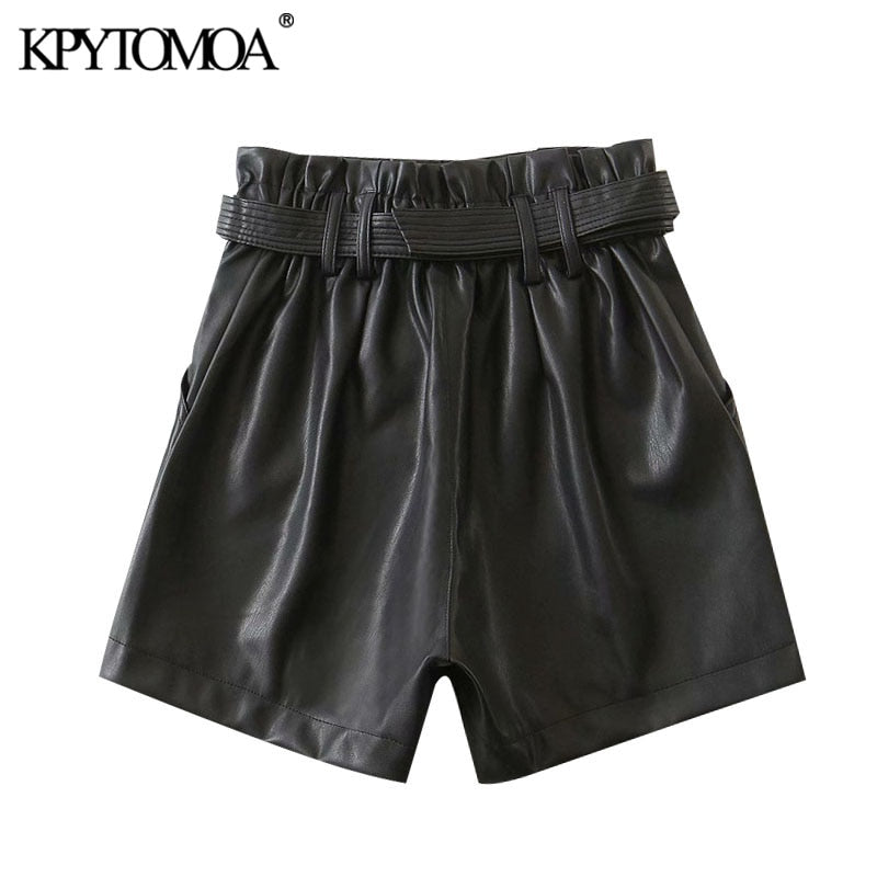 KPYTOMOA Women 2020 Chic Fashion With Belt Faux Leather Shorts Vintage High Waist Zipper Fly Pockets Female Short Pants Mujer