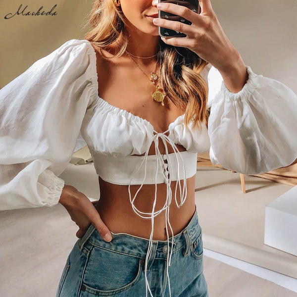 Macheda French Romance White Crop Tops Women Autumn Sexy Hollow Out Long Sleeve V Neck Top Ladies Casual Solid Blouses New