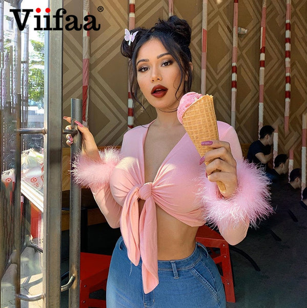 Viifaa Tie Front Fur Cuff Long Sleeve Crop T Shirt Women Clothes 2020 Autumn Winter Pink Tee Tops Sexy Streetwear Fashion Tshirt