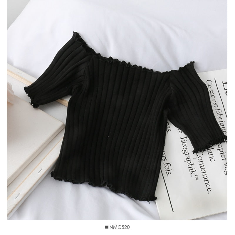 HELIAR Women T-shirts Off Shoulder Knitting Crop Tops Women Short Sleeve Stretchy Ruffles Hem T-shirts Stripes Tops For Women