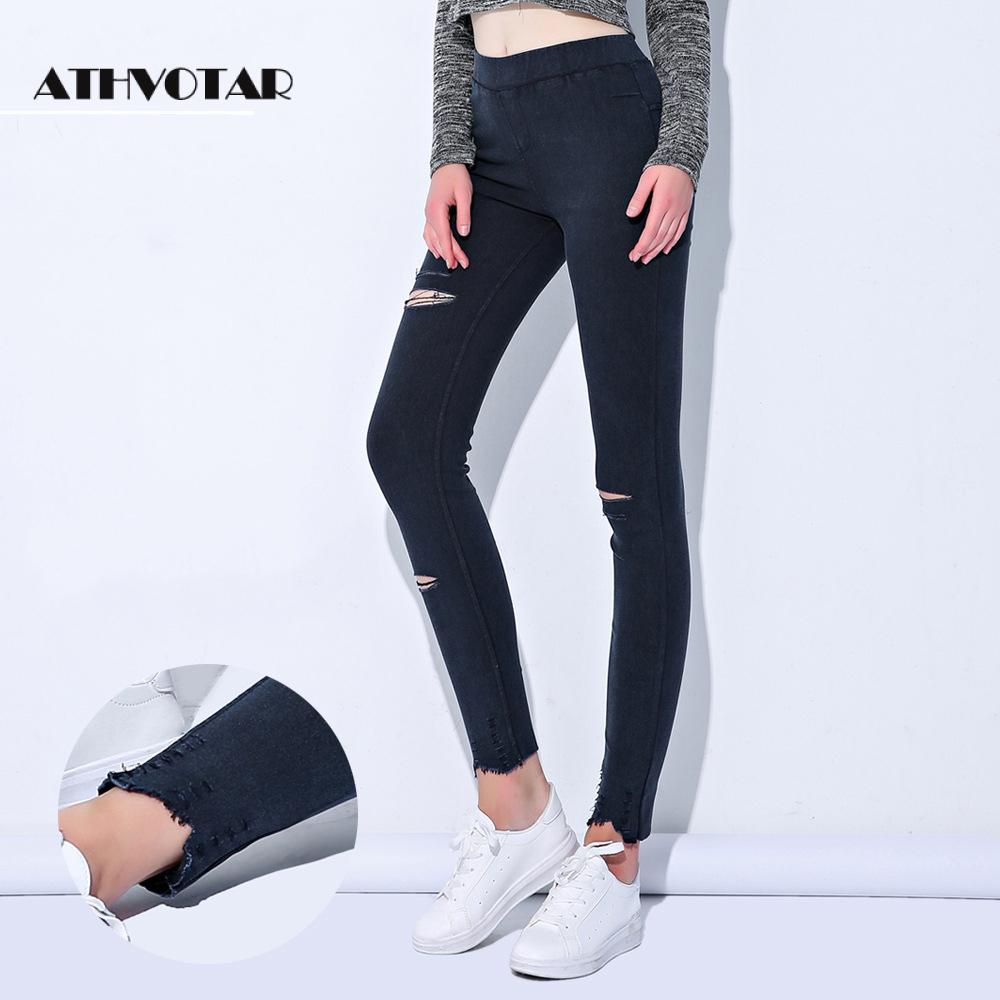 ATHVOTAR Plus Size M-5XL Hole Ripped Jeans Women Jeggings Cool Denim High Waist Skinny Jeans Pants Pencil Trousers Black