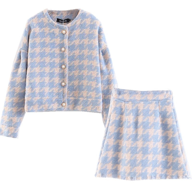 Vintage Sweet Women Pearl Button Check Gingham Plaid Blazer High Waist A line Mini Short Skirts Long Sleeve Suits 2 Pieces Set