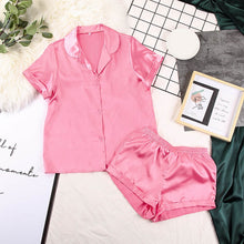 Women Sleepwear Summer Pajama Set Pink Turn Down Collar Faux Silk Satin Blue Short Sleeve Casual Female Pijama Home Wear Shorts