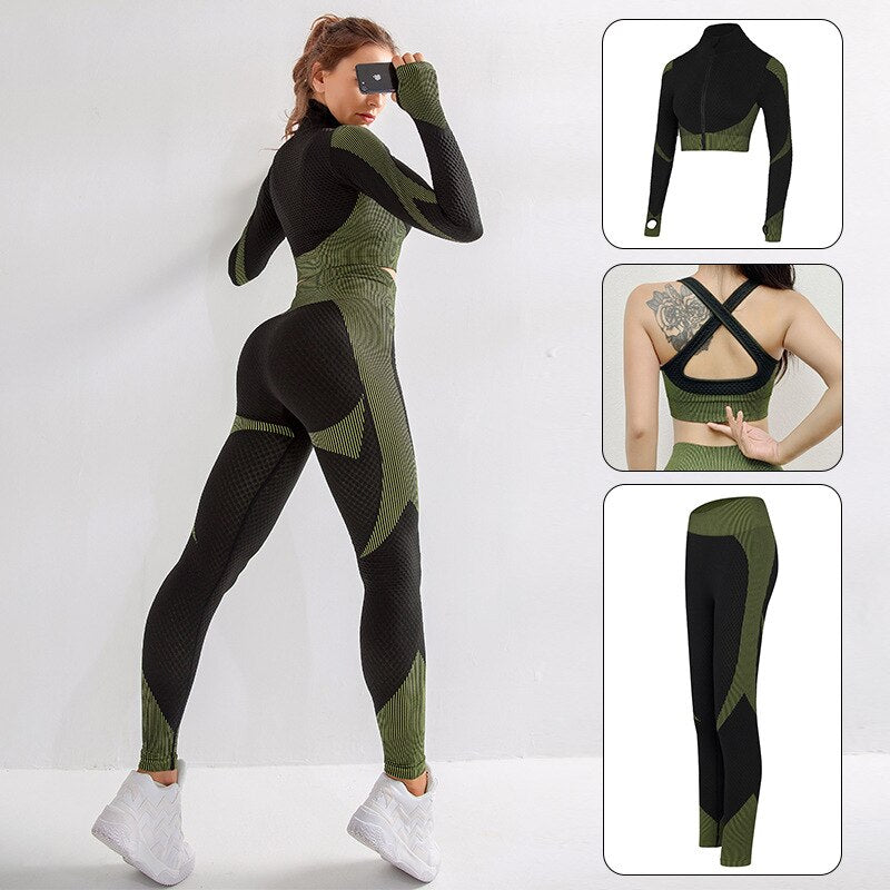 Womens Sportwear Yoga Set 2/3pcs Workout Clothes for Women Leggings Set with Zipper Exercise Bra Top Long Shirt Fitness Clothing