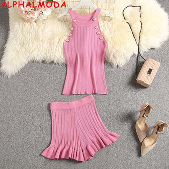 ALPHALMODA 2020 Summer Color Knit Top + Shorts Women 2pcs Lounge Wear Sets Popular Button Tank Top Shorts 2pcs Clothes Set