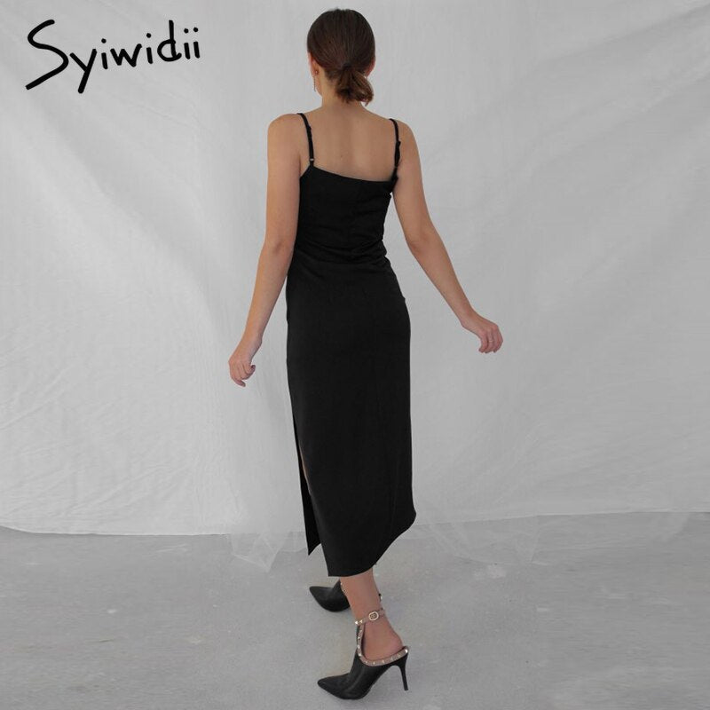 Syiwidii Satin Dress Woman Sleeveless Spaghetti Strap Evening Red Black Summer 2021 Party Wedding Vintage Pure Long Silk Dresses