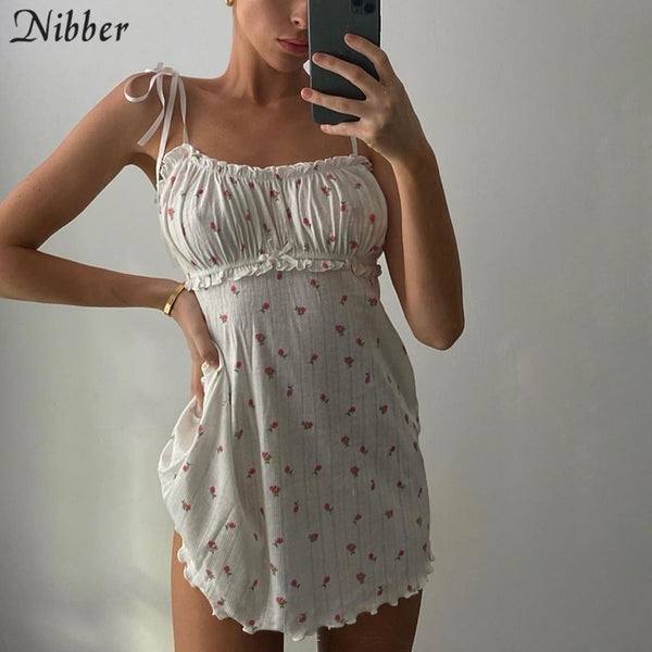 Nibber summer boho loose slim Soft home wear mini dress casual Elegant sling floral dress fashion Korean style nightdress femme