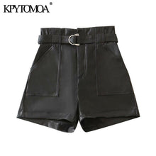 KPYTOMOA Women 2020 Chic Fashion With Belt Faux Leather Shorts Vintage High Waist Zipper Fly Pockets Female Short Pants Mujer