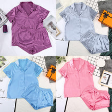 Women Sleepwear Summer Pajama Set Pink Turn Down Collar Faux Silk Satin Blue Short Sleeve Casual Female Pijama Home Wear Shorts