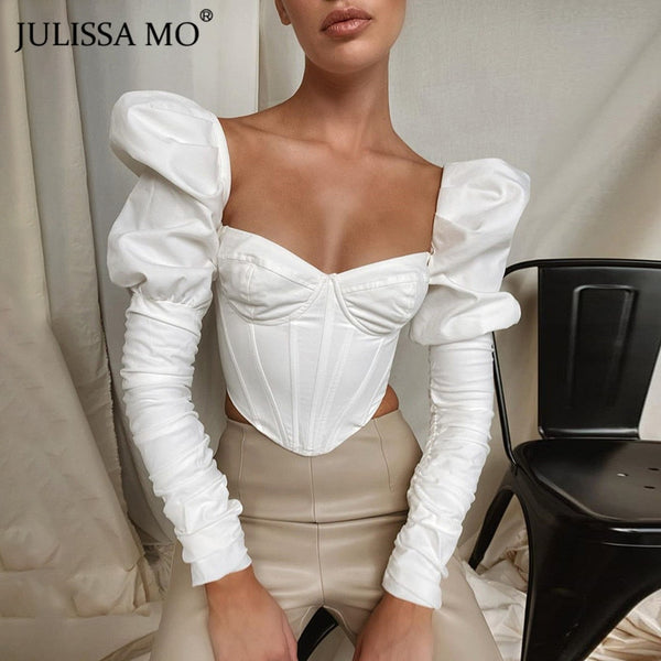 Julissa Mo White Vintage Puff Sleeve Women Blouse Shirts Autumn Square-Neck Backless Slim Blouses Long Sleeve Casual Tee Tops