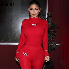 Kliou letter print fitness sporty long sleeve bodysuits+leggings stretchy two piece outfits activewear streetwear skinny outfit