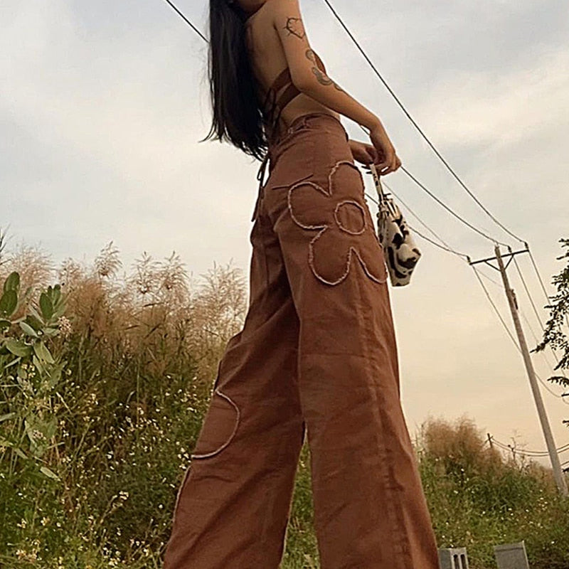 Rapcopter Brown Floral Jeans Y2K Retro Denim Pants Baggy Straight Cargo Pants Women Hot Popular Trousers 90S Harajuku Joggers