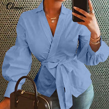 Women Tops and Blouses Celmia Autumn Lantern Sleeve Tunic Shirts Casual Loose V-Neck Ladies Blusas femininas Belted Plus Size