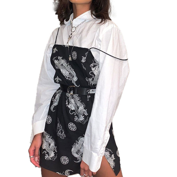 Vintage Dragon Printed Mini Dress Summer Women Street Strap Dress Slim Party Tigh Dress Harajuku Robes платье комбинация